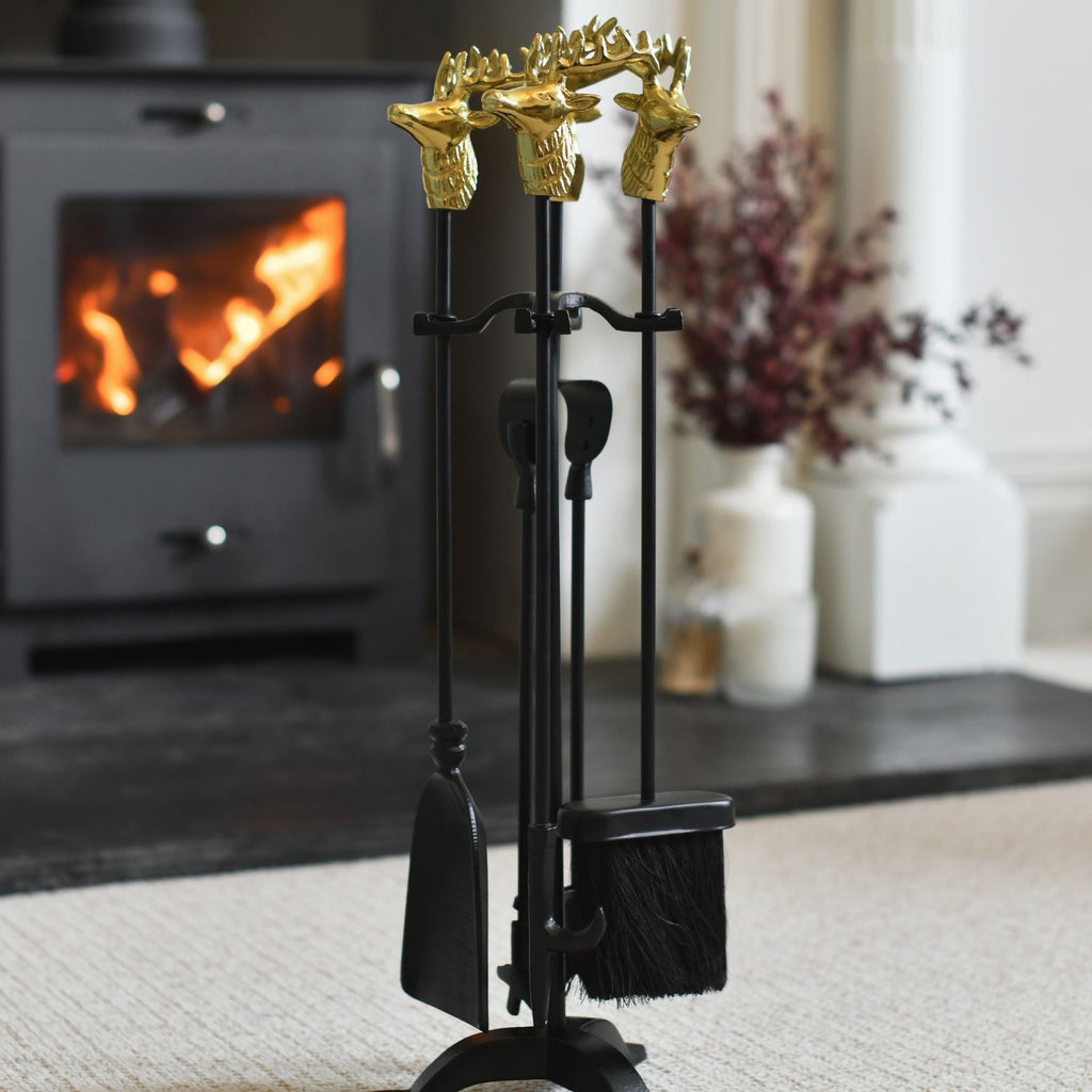 Gold Horse Head Finial Four Piece Fireside Tools Set