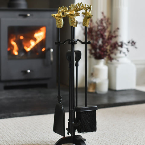 Gold Horse Head Finial Four Piece Fireside Tools Set