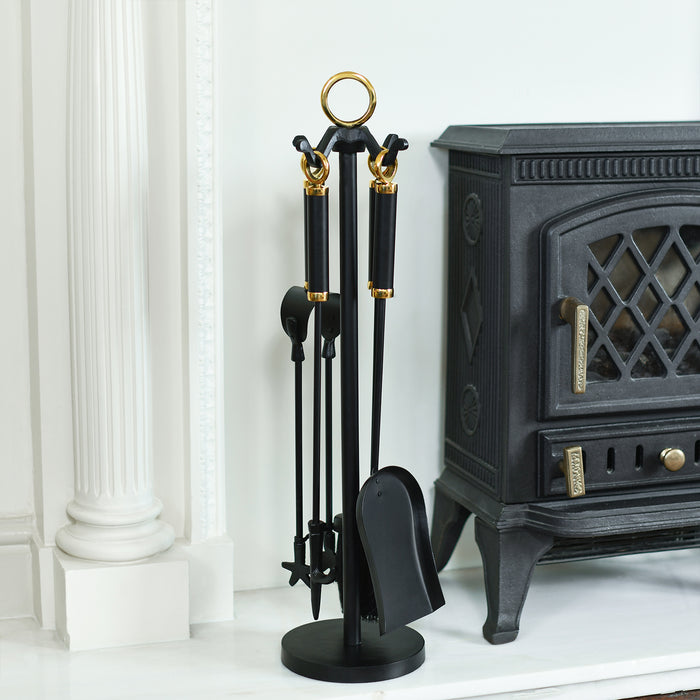 'Charlsgate' Black Iron and Polished Brass Handles Four Piece Fireside Tools Set H66cm