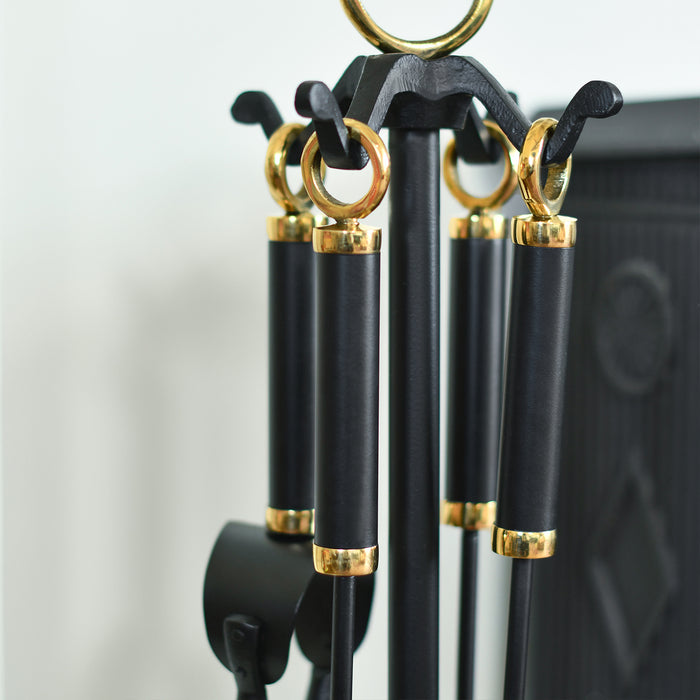 'Charlsgate' Black Iron and Polished Brass Handles Four Piece Fireside Tools Set H66cm