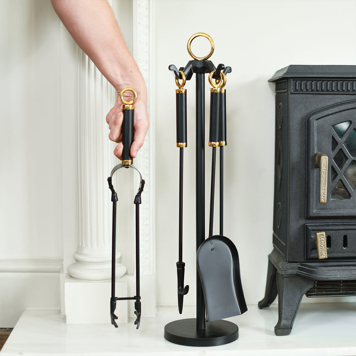 'Charlsgate' Black Iron and Polished Brass Handles Four Piece Fireside Tools Set H66cm