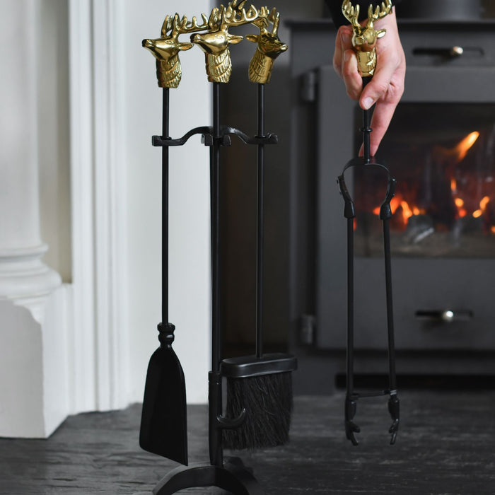 Gold Horse Head Finial Four Piece Fireside Tools Set