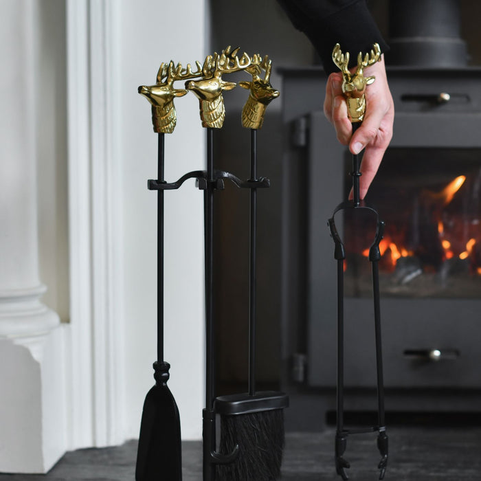 Gold Horse Head Finial Four Piece Fireside Tools Set
