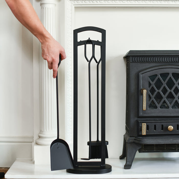 Tall Black Iron Three Piece Fireside Tools Set In Situ 