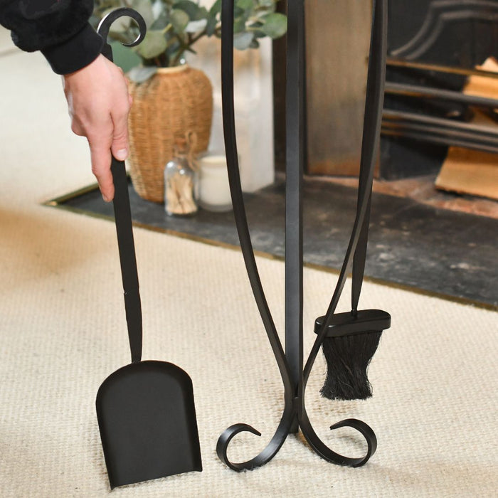 'Edlingham' Black Curved Three Piece Fireside Set 66cm