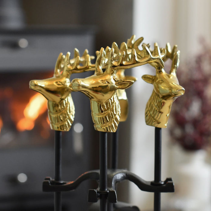 Gold Horse Head Finial Four Piece Fireside Tools Set