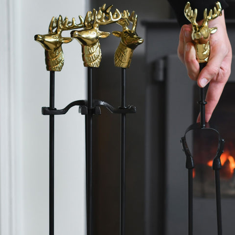 Gold Horse Head Finial Four Piece Fireside Tools Set