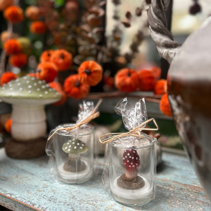 Autumnal spotted toadstools in glass jars 