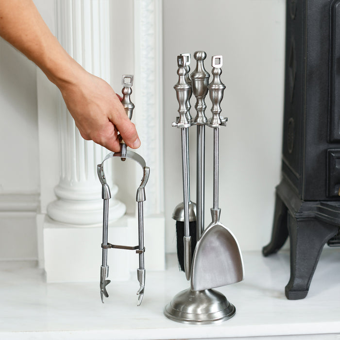 "Athena" Pewter Finish Four Piece Fireside Tools Set In Situ 