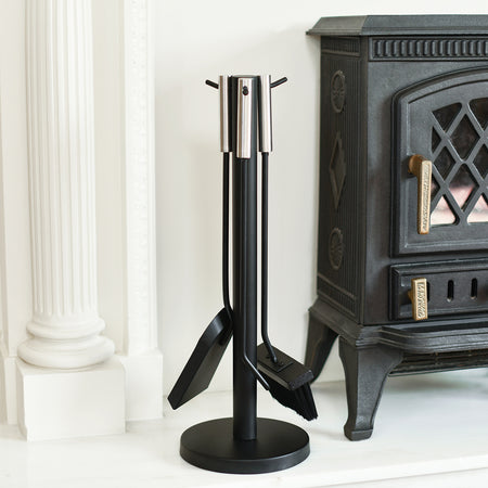 Black Three Piece Fireside Tools Set With Brushed Steel Contempoary Handle