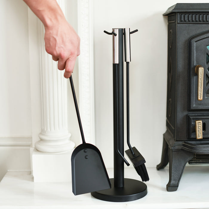 Black Three Piece Fireside Tools Set With Brushed Steel Contempoary Handles In Situ