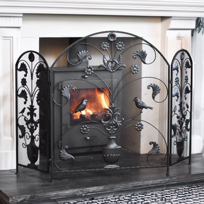 Black Vintage Style Floral  Birds fire Guard 