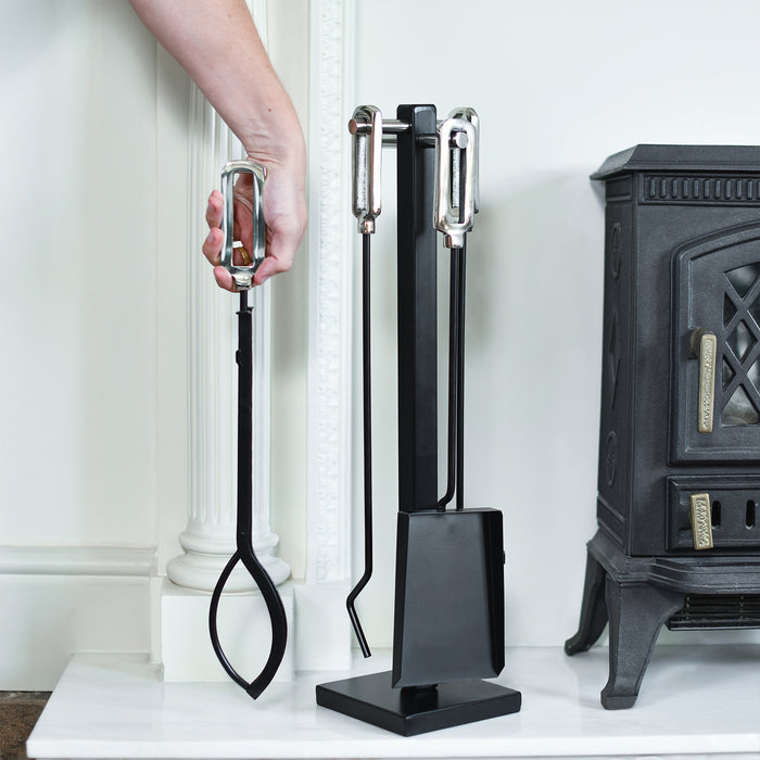 Black and Nickle Finish Steel Stylish Four Piece Fireside Tools Set In Situ