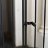 Close-up of a black metal gate with a blurred background