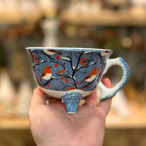 Hand-Painted Christmas Robin Ceramic Teacup 