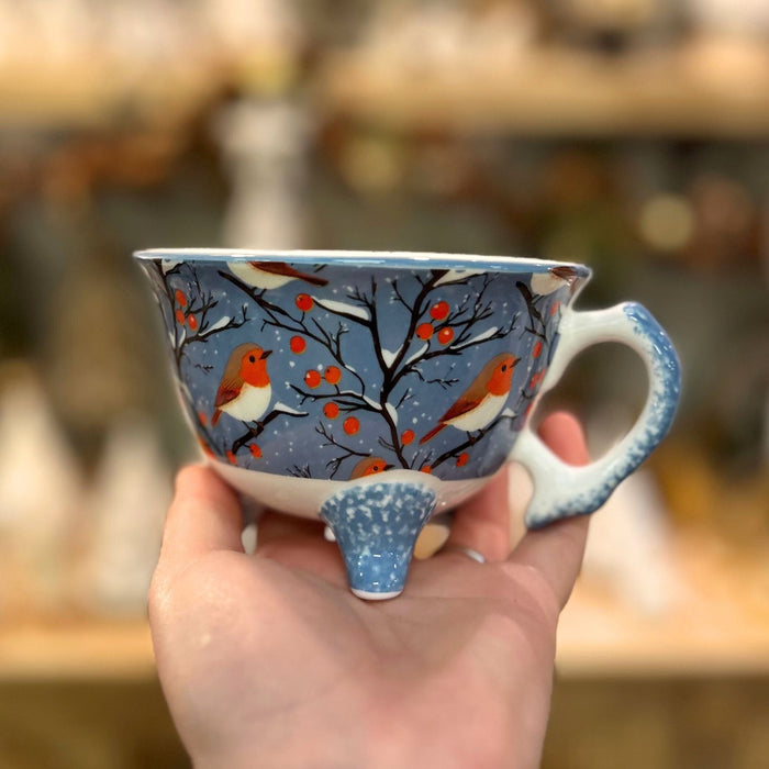 Hand-Painted Christmas Robin Ceramic Teacup 