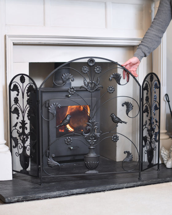 'Floral Aviary' Black Arched Three Fold Fireguard