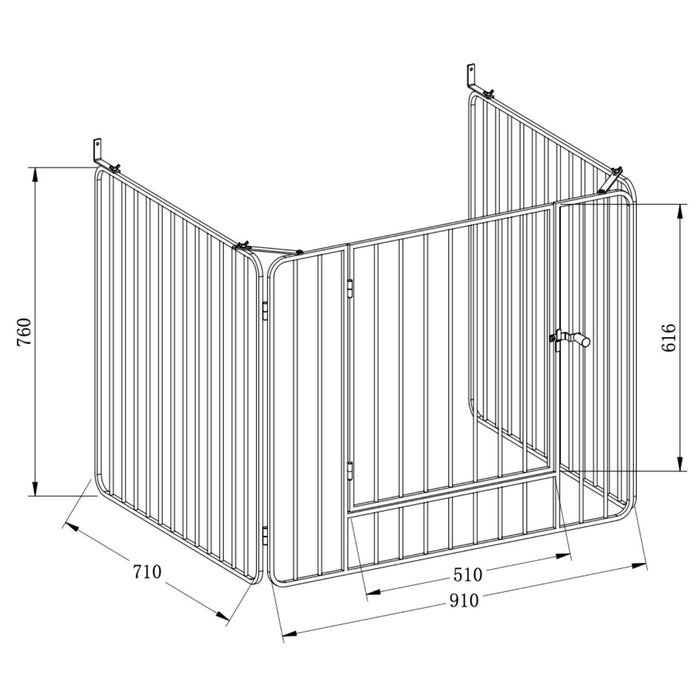 Technical drawing of a metal gate with dimensions labeled