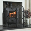 Decorative fireplace screen with a fire burning inside, in a home setting.
