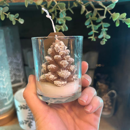 Hand holding a small glass container with a decorative pine cone and sand.