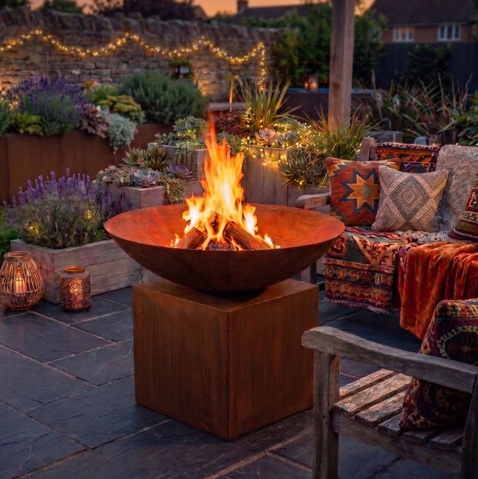 A large round metal fire pit bowl with a visible fire.