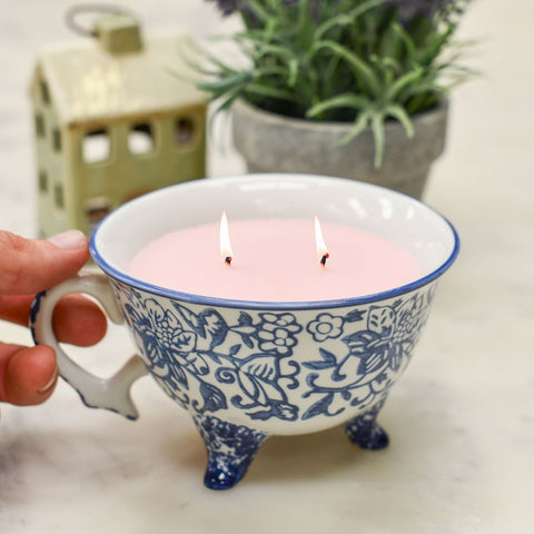 Candle in Blue and White Teacup