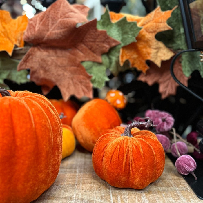 Decorative arrangement with pumpkins, leaves, and berries on a textured surface.