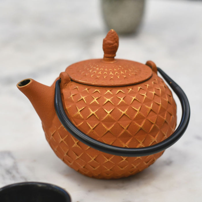 Ceramic teapot with handle and lid on