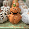 Ceramic pumpkin-shaped salt and pepper shakers on a wooden surface with other decorative pumpkins in the background.