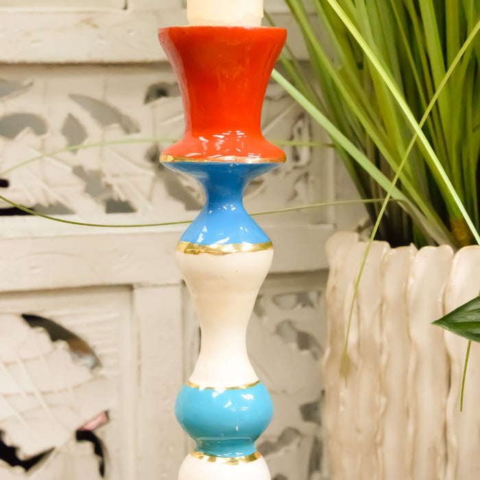 Hand Painted Colourful Striped Candlestick Holder (Red Base)
