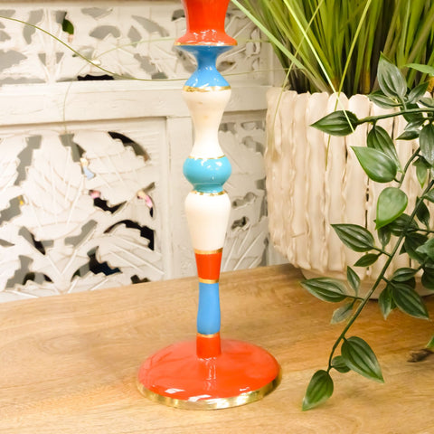 Hand Painted Colourful Striped Candlestick Holder (Red Base)
