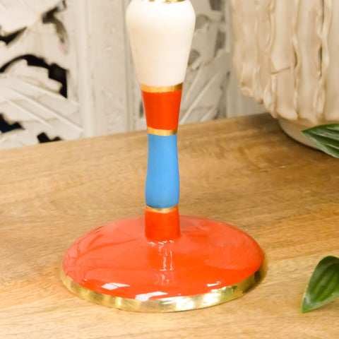Hand Painted Colourful Striped Candlestick Holder (Red Base)
