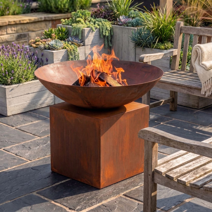 Rustic Fire Bowl on Stand Lit 