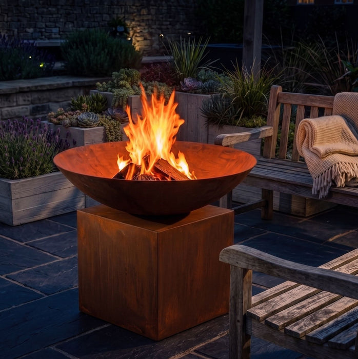 Rustic Fire Bowl Lit at Night 