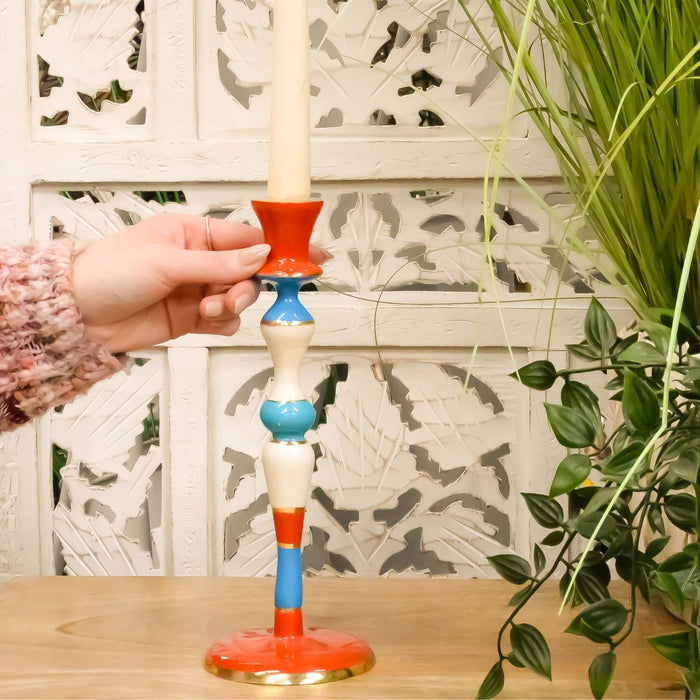 Hand Painted Colourful Striped Candlestick Holder (Red Base)
