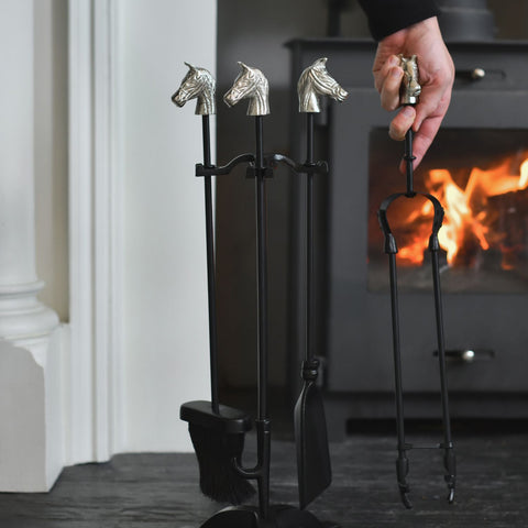 'Equestrian Embers' Silver Horse Head Finial Four Piece Fireside Tools Set