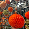 Hand holding a textured orange pumpkin with a blurred background of more pumpkins and branches.