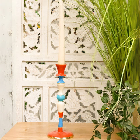 Hand Painted Colourful Striped Candlestick Holder (Red Base)