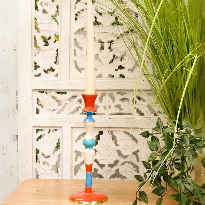 Hand Painted Colourful Striped Candlestick Holder (Red Base)