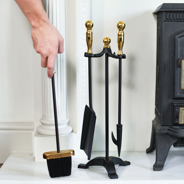 Three Piece Fireside Tools With Detailed Polished Brass Handles 