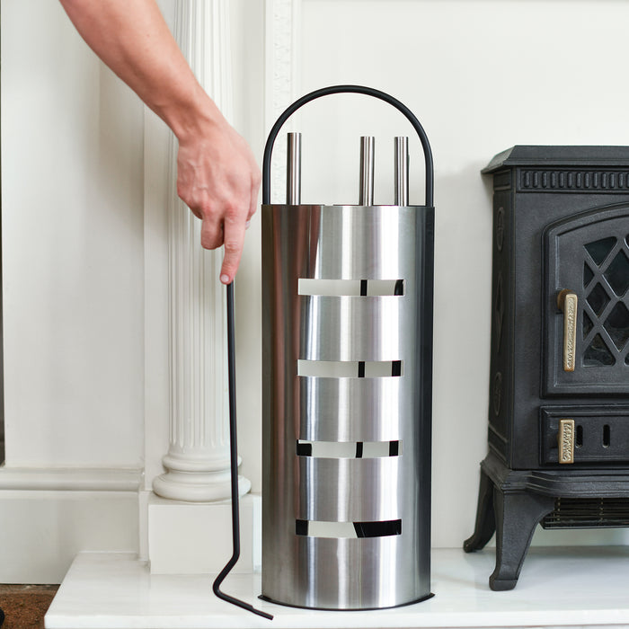 Brushed Steel Contempoary Fireside Tools Set In Situ 