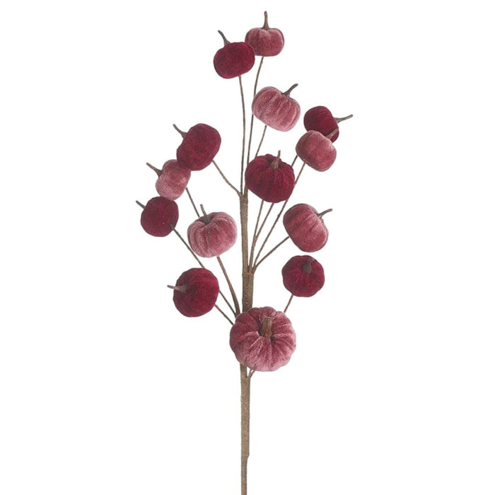 Artificial flower branch with velvet pumpkins
